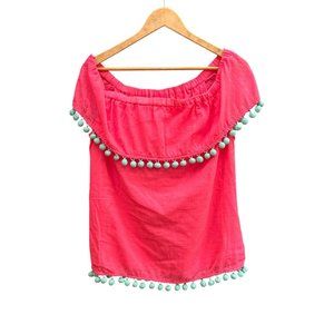 Sail To Sable Pink Off-Shoulder Crinkle Cotton Top Medium Pom Pom Trim Preppy